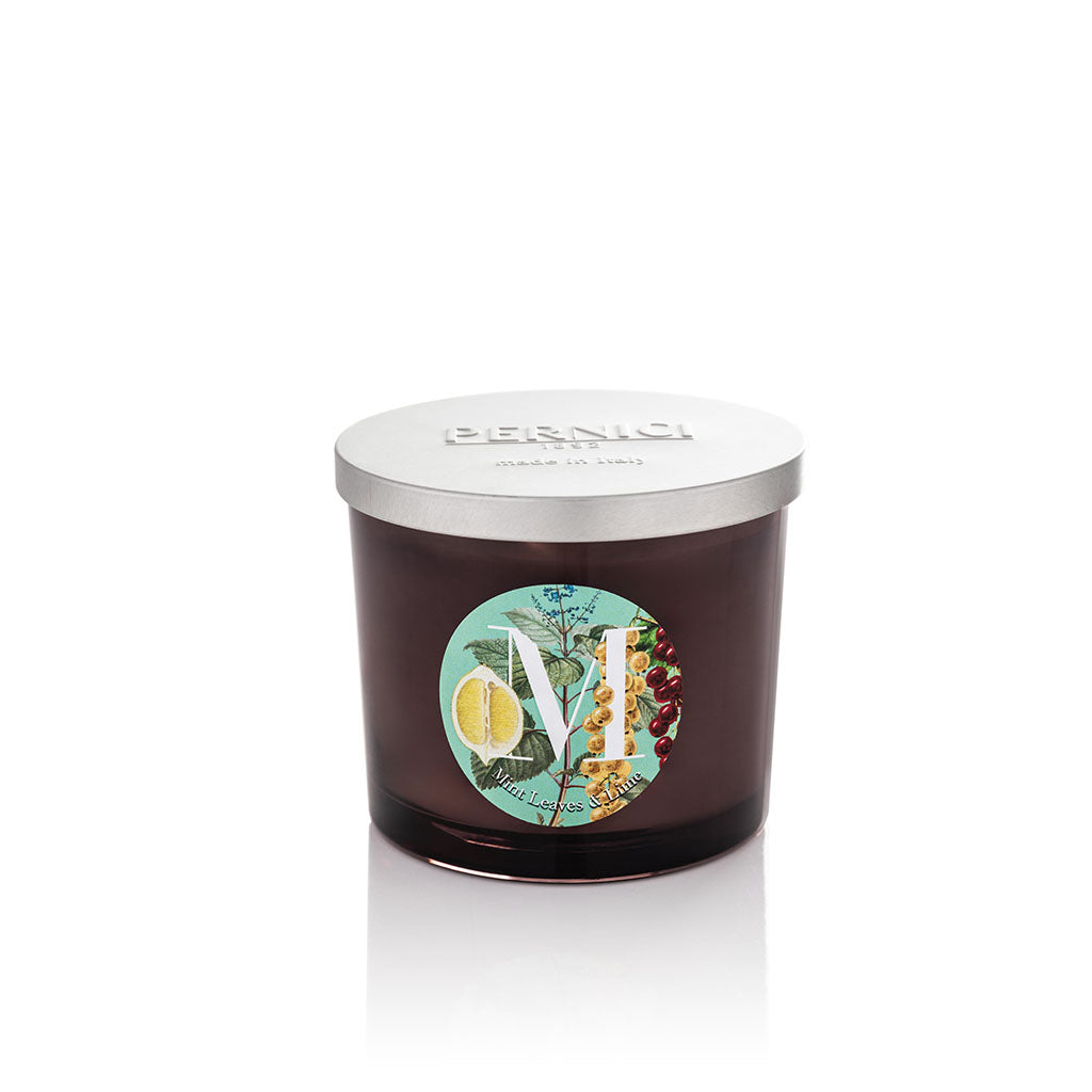 Candela profumata Elementi 200gr profumazione Mint leaves & Lime di Pernici in still life.