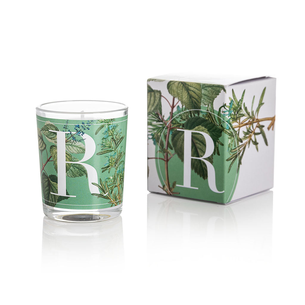 Candela profumata Elementi 70gr profumazione Rosemary & Mint di Pernici in still life con scatola.